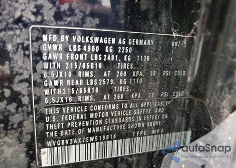 2014 Volkswagen Tiguan S из США, поврежденный, VIN WVGBV3AX7EW519814